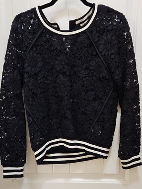 Veronica Beard Black Lace Sweatshirt with White-Trim Ribbing Size 6